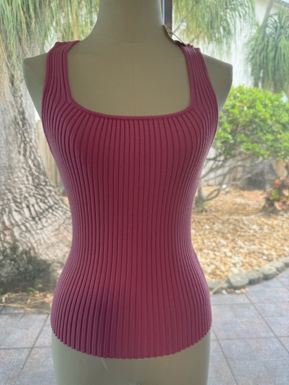 Oddi Fitted Ribbed Square-Neck Tank Top - Pink NWT